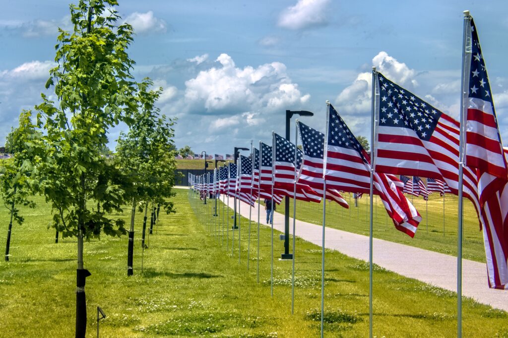 Rows of American flags in honor of veterans