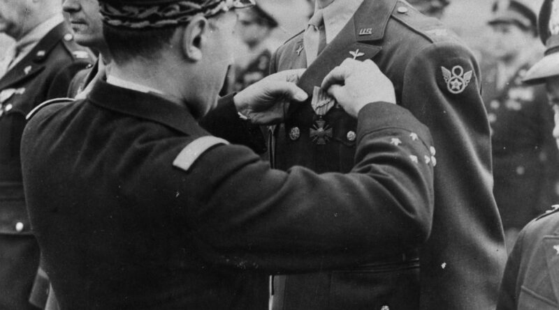 WWII veteran and celebrity Jimmy Stewart receiving medal. Via Wikimedia commons